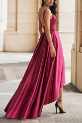 A Line V Neck Sleeveless Asymmetrical Satin Bridesmaid Dress